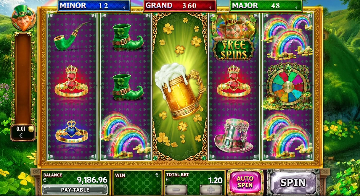 Irish Party reel stage with leprechauns, golden coins and bonus symbols